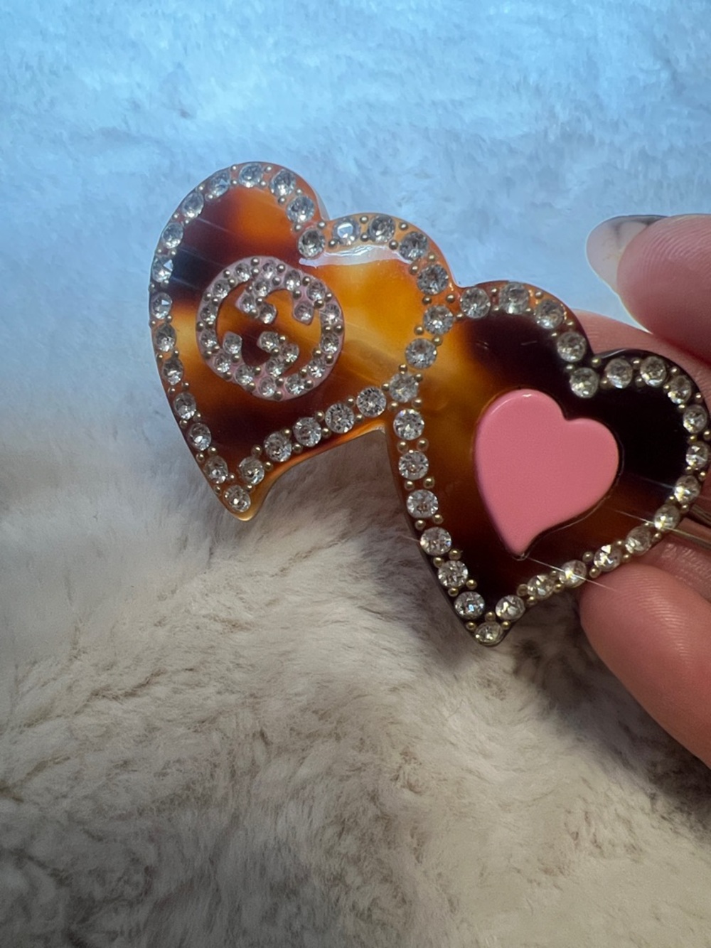 Gucci Tortoiseshell and Pink Heart Crystal Embellished Hair Clip